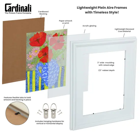Cardinali Plein Air, White 12x16" Picture Frame with Acrylic Glazing & Cardboard Backing, for Photography or Canvas Frame, 3 Wide Moulding, 1/2 Rabbet Depth, D-Ring Hangers Included {3}