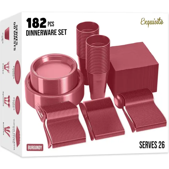 Exquisite 182 Pcs Plastic Plates for Party &ndash; Disposable Plates Set &ndash; 26 Each of 9" Dinner Plates, 7" Dessert Plates, Plastic Cups, Napkins & Plastic Cutlery &ndash; Plastic Dinnerware by Party Solids Pink {7}