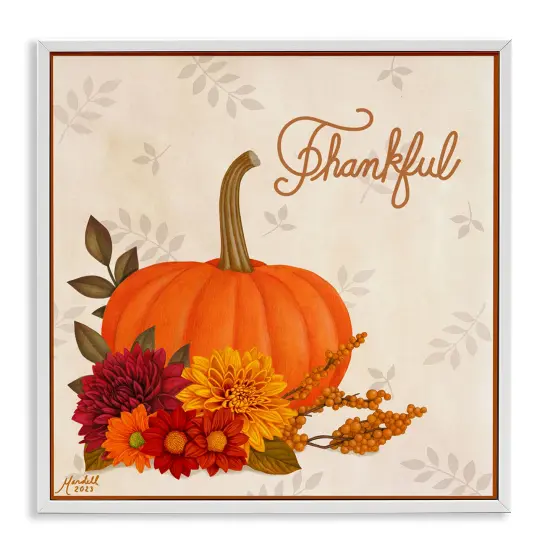 Thankful Pumpkin & Florals Framed Giclee Art White {1}