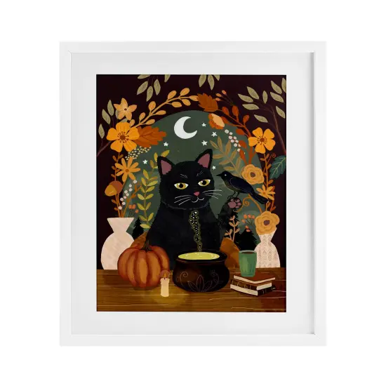 Autumnal Cat & Cauldron Framed Print Under Glass Art Gray {7}