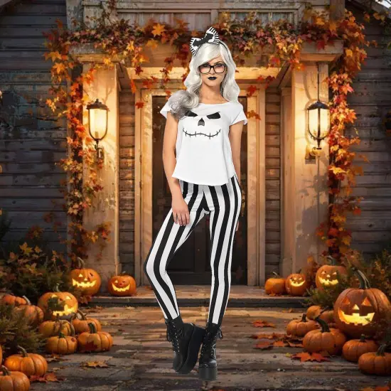 Women's Skeleton Hipster Costume Halloween Modern Skull T-Shirt Striped Leggings Dress Up Set {2}