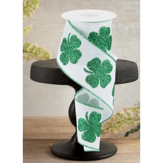 2.5" Bold Glitter Clover Ribbon: White/Green (10 Yards) {2}