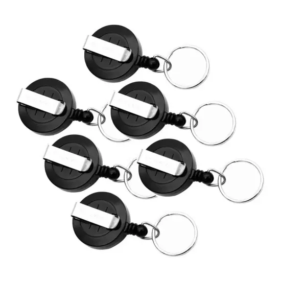 Standard Round ID Badge Reel with Belt Clip & Key Ring, Black, Pack of 6 {1}