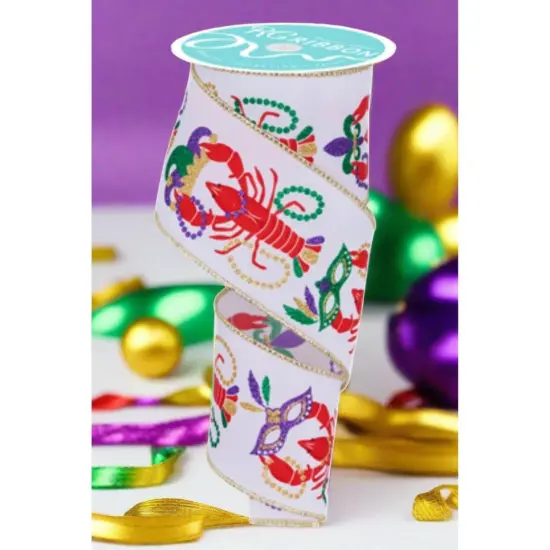 2.5" Mardi Gras Crawfish Ribbon: White (10 Yards) {5}