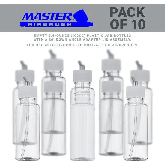 10 Pack Master Airbrush TB-009, 3.4oz Plastic Jar Bottles with 30 Degrees Down Angle Adaptor Lid Assembly, Dual-Action Siphon {2}