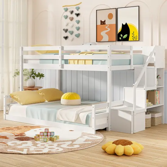 Space-Saving Wooden Twin Over Full Bunk Bed with Stair Storage and Safety Guardrails for Kids {2}