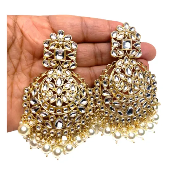 Indian Jhumka Earrings for Women - Indian Beaded Kundan Jhumka Ethnic Chandbali Earrings Faux Kundan & Pearl Beaded Bollywood Style Dangle Earring Jewelry for Bride | Birthday Gift for Her {3}