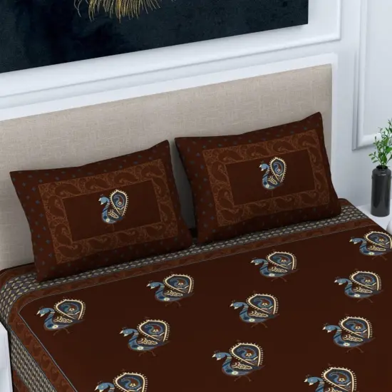 100% Cotton Sheets Indian Ethnic Peacock Printed 3-piece Fitted Sheet with Pillowcases 150 Thread Count Deep Pockets Soft Breathable Bedding Set (king Queen Twin) {6}