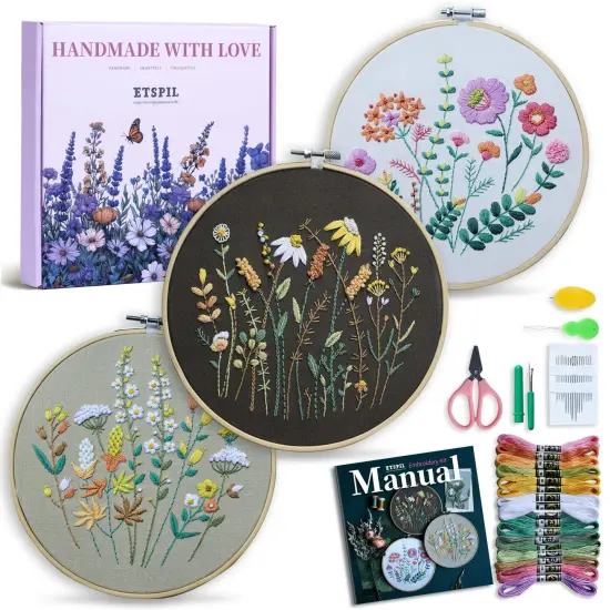 3 Pack Beginner Embroidery Kits, DIY Starter Set with Stamped Flower Designs, Embroidery Hoop, Colorful Threads, Tools {1}