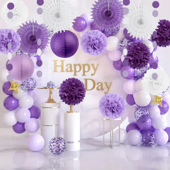 Purple White Lavender Party Decorations Paper Fans Paper Pom Pom Flowers Lanterns Baby Bridal Shower Wedding Bachelorette Graduation {4}