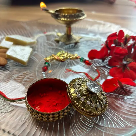 Golden Metallic Kumkum Holder Decorative Sindoor Roli Chandan Dabbi Designer Jewelry Box Indian Pooja Housewarming Gift Wedding Favor Gift for Her {5}