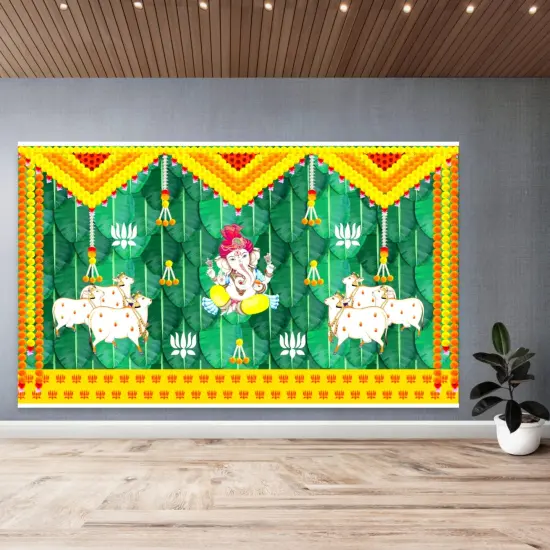 Ganesh and Cow Backdrop 5x8 Feet Indian Traditional Cloth Backdrop Pooja Wall Decor Indian Wall Art Photo Decor Banner Indian Ganesh Pooja Decor Decorative Pooja Cloth {5}