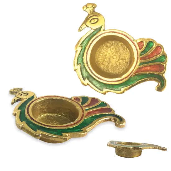 Peacock Deepam Brass Finish Diya Samai Deepak Oil Lamp Indian Festival Diwali Diya Hindu Puja Religious Home Decor Pooja Lamp Indian Housewarming Wedding Gift - Corporate Return Gift Silver {7}
