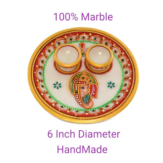 Indian White Marble Pooja Thali Set Ganesha Haldi Kumkum Holder Pooja Return Gift Indian Housewarming Roli Chawal Platter Hindu Mandir Pooja Decor {3}