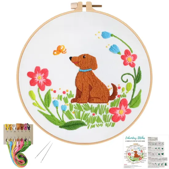 Louise Maelys Dog Embroidery Kits for Beginners with Floral Pattern,Cross Stitch Kit for Adults DIY Needlepoint with Embroidery Instructions {1}