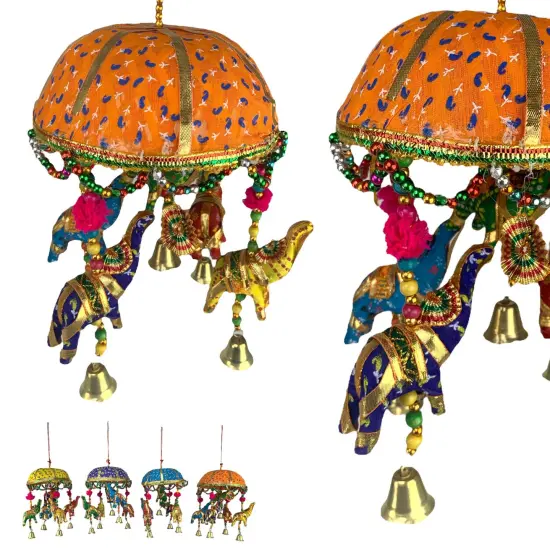Elephant Umbrella Door Hanging Rajasthani Wall Window Feng Shui Hanging Handicraft Traditional Ethnic Latkan Toran with Tokri for Home Office Decor Decorative Ornament Party Decor Yellow {6}