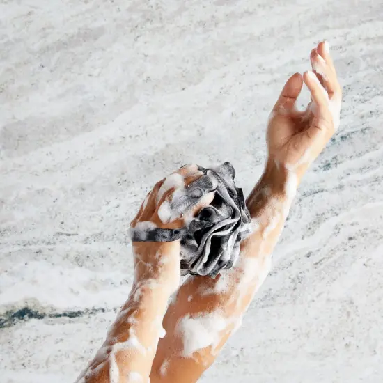 Loofah Bath Set with 1 Loofah on A Stick, 2 Sponge Poufs, and 1 Shower Hook Black {3}