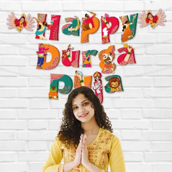 Happy Durga Puja Banner for Hindu Navratri Festival Celebration Bunting Diy Home Temple Indoor Outdoor Decoration Indian Party Supplies Durga Pooja Decor Ideas {2}