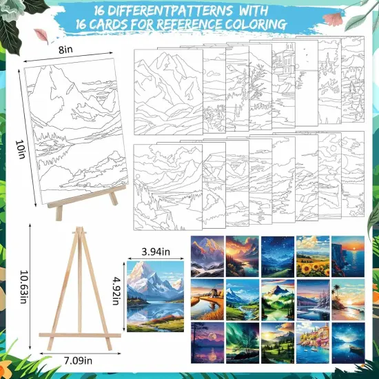 16 Sets Pre Sketched Coloring Canvas with Easels and Brushes (8x10 Inch, Landscape) {2}