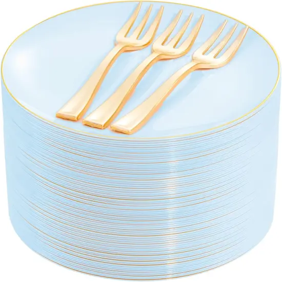 200Pcs Blue Gold Cake Plates with Plastic Forks - Serves 100 Guests {1}