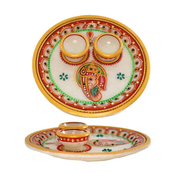 Indian White Marble Pooja Thali Set Ganesha Haldi Kumkum Holder Pooja Return Gift Indian Housewarming Roli Chawal Platter Hindu Mandir Pooja Decor {2}