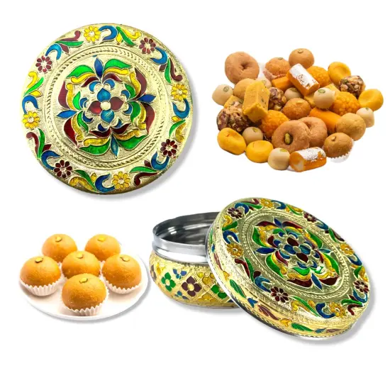 4ct Decorative Sweet Box Stainless Steel Small Round Storage Box Meenakari Container Laddu Box Spice Storage Unique Multipurpose use Box Gift for Guest {1}