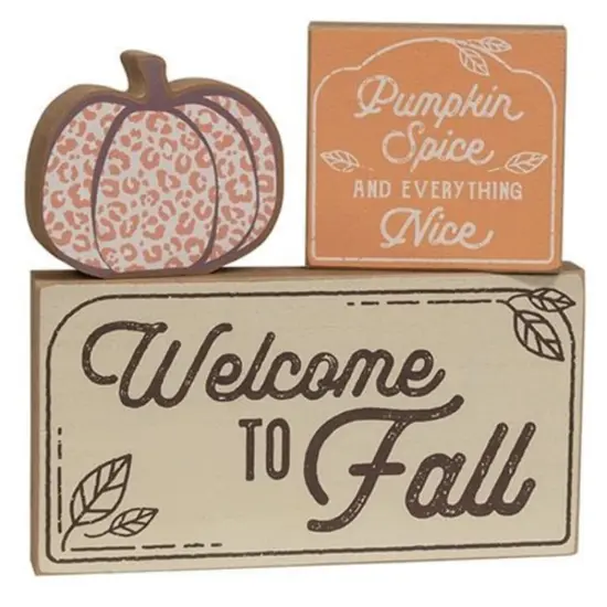 Wood Fall Blocks Set of 3 with Pumpkin Figurine and Stacking Design {1}
