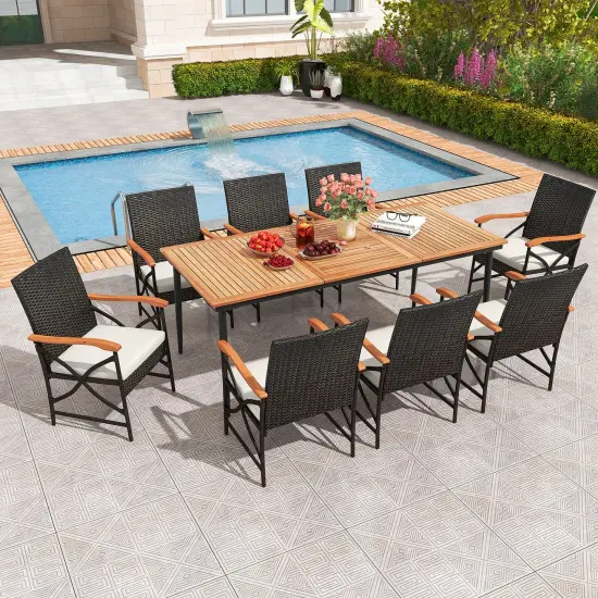 9-Piece Outdoor Dining Set with Acacia Wood Table and Off-White Cushions PE Rattan Chairs Umbrella Hole {1}