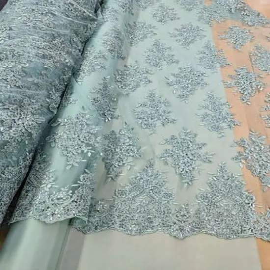 1 Yard Bridal Lace with Sequins Mesh Fabric Corded Flower Pattern 100% Polyester 50/51 Inches width Light Champagne {5}