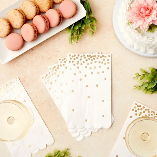 100-Pack White and Gold Scalloped Dinner Napkins - Gold Polka Dot Disposable Paper Napkins for Wedding Reception, Rehearsal Dinner (4x8 In) {3}