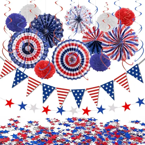 27PCS 4th of July Patriotic Party Decorations Set&ndash;Red White Blue Paper Fans, Star Pom Poms, USA Flag Pennant {4}
