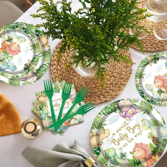 96Pcs Dinosaur Baby Shower Party Tableware Supplies,Serve 24 Guests {5}
