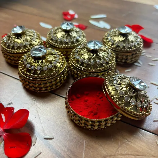 Golden Metallic Kumkum Holder Decorative Sindoor Roli Chandan Dabbi Designer Jewelry Box Indian Pooja Housewarming Gift Wedding Favor Gift for Her {7}