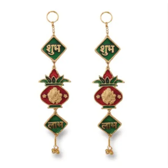 Shubh Labh Hanging Indian Wall Door Hangings Diwali Meenakari Rangoli Hanger Traditional Deepawali Temple Puja Decorations Home Entrance Decor Housewarming Wedding Return Gift (2 Pcs) {2}