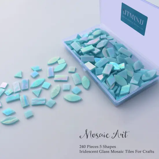 LITMIND Iridescent Glass Mosaic Tiles for Crafts, 240 Pieces 5 Shapes Mixed Stained Glass Sheets, Mosaic Kits for Adults (Iridescent Aqua) {5}