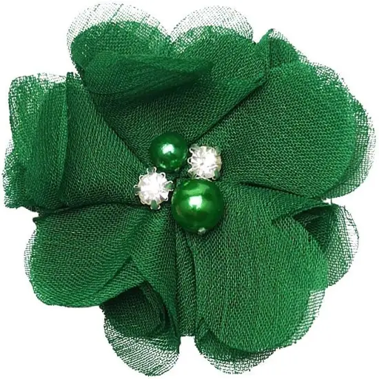 Craft Pac.k of 12pcs Chiffon Flowers Ribbon Bows W/Beads 2-3/8" (60mm) (Bright Green) {1}