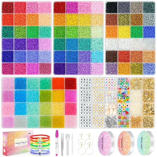 Friendship Bracelet Kit 3mm Seed Beads, 30000 Pcs 8/0 Glass Seed Beads 96 Colors Small Beads Bulk with Letter Bead Charms for Jewelry Making Girls Rings Necklaces Waist Chain DIY Craft Gift {1}