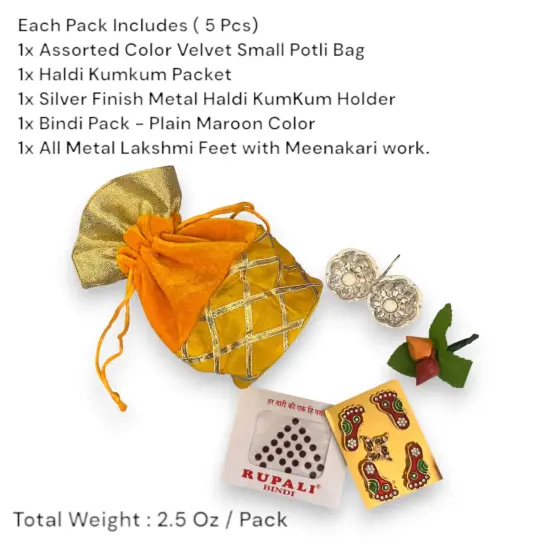 Varalakshmi Vratham Gift Hamper Navaratri Vratha Hindu Religious Teej Karva Chauth Sankranti Pooja Housewarming Return Gifts - Potli Bags Haldi Kumkum Pack & Holder Lakshmi Feet Bindi {4}