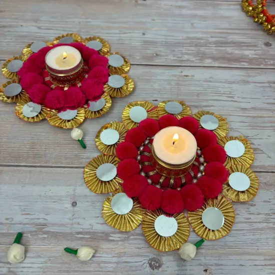 2 Ct Rangoli Mat with Tea Light Candle Holder for Diwali Christmas Onam Pongal Decorations Pompom Rangoli Floor Home Temple Table Decor - Indian Traditional Deepawali Housewarming Gift (2 Pcs) {7}
