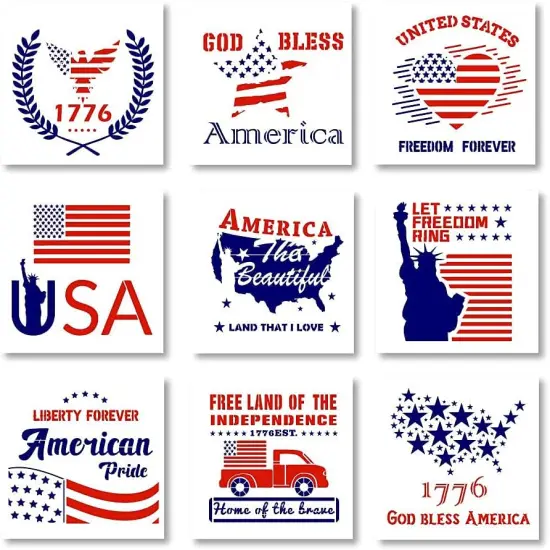 9 Piece Patriotic America Flag Stencils (10x10 Inch) {1}