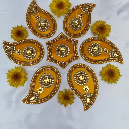 Acrylic Rangoli Set Indian Traditional Handmade Reusable Paisley Design Rangoli Diwali Navratri Home Temple Decor Floor Table Decoration - Deepawali Wedding Housewarming Gift (12 Inches) Mango {2}