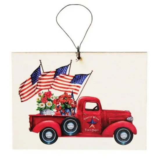 Flower Market Truck Ornament Lightweight White Wood with Vintage Red Pickup & American Flags {1}
