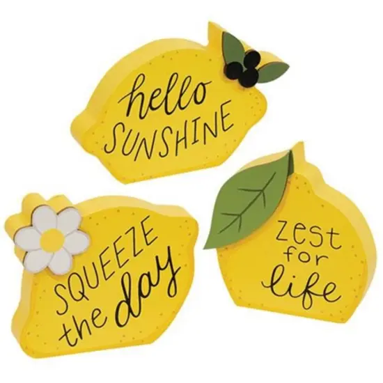 Set of 3 Wooden Lemon Shaped Sitters with Inspirational Sayings &ndash; Hand Painted Yellow Summer D&eacute;cor {1}
