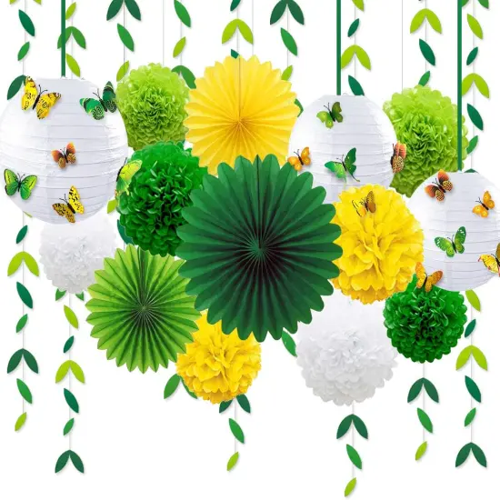Yellow Green Party Decoration Kit Hanging Paper Fans Lanterns Flowers Pom Pom with 3D Butterfly Green Leaves Garland for Birthday {1}