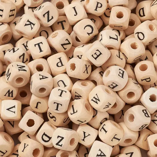 Cube Wood Beads with Initial 26 Letters (PapayaWhip#10mm) {5}