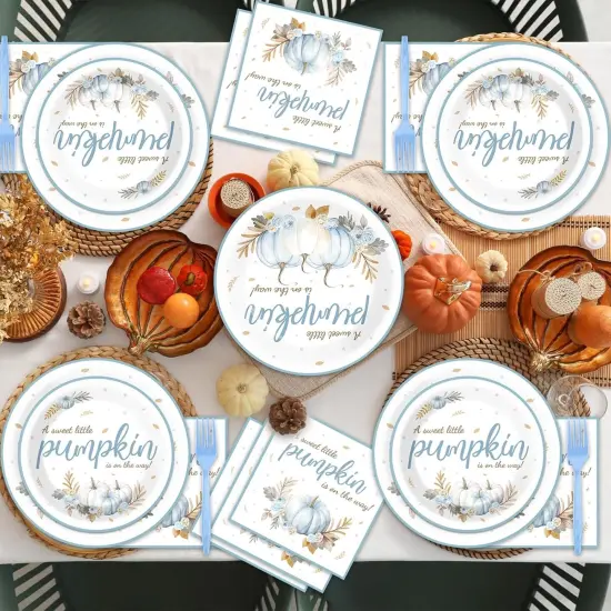 96Pcs Baby Shower Tableware Set &ndash; Blue Fall Little Pumpkin Theme, Serves 24 {5}