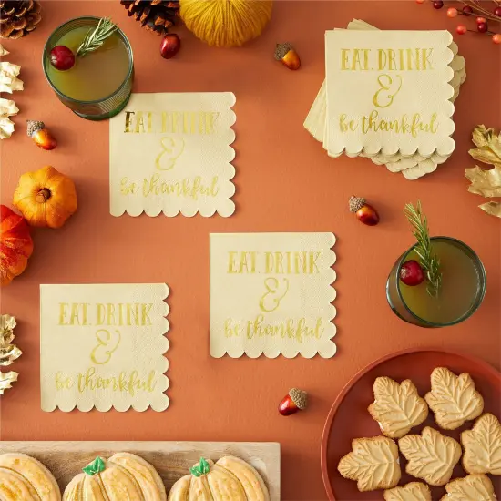50 Pack Thanksgiving Cocktail Napkins Party Supplies Table Decorations, Eat Drink and Be Thankful (5 x 5 In) {3}