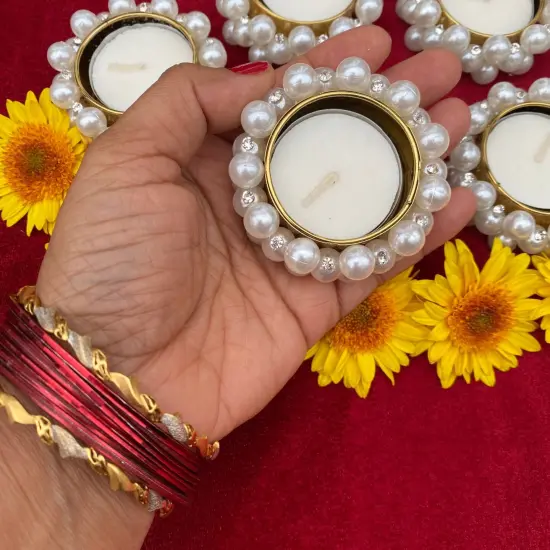 Bulk - Small Pearl Tealight Candle Holder &ndash; Festive T-light Stand for Diwali, Navratri, Christmas, Thanksgiving, Housewarming & Home Decor Centerpiece Dining Table ko {2}