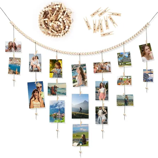 Boho Wood Bead Garland Picture Holder for Wall {1}