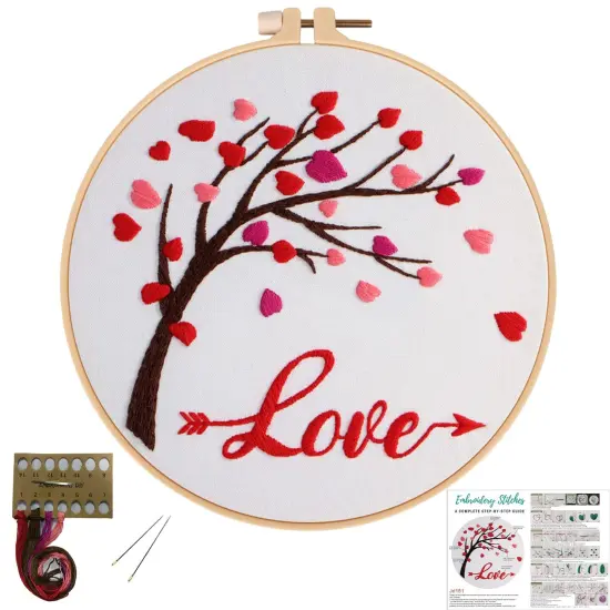 Louise Maelys Love Heart Tree Beginners Embroidery Kits,Cross Stitch Starter Kit for Adults Including Cloth with Lovers Pattern Hoop Needles Instruction and Threads {1}